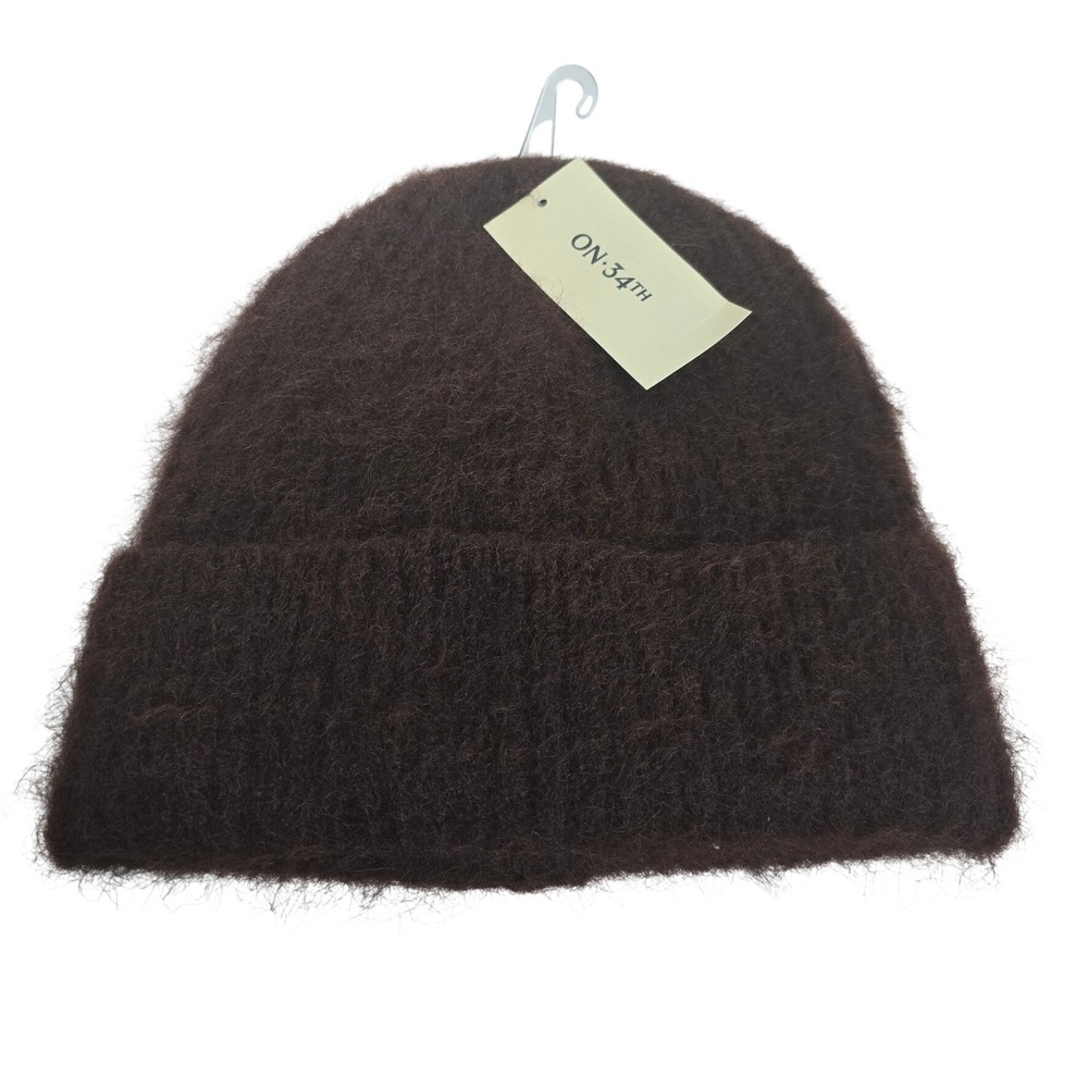 On 34th Womens Chocolate Brown Fuzzy Knit Cuffed Wool Blend Beanie Hat OS NWT